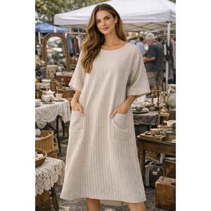 Susan Howard Women Dress Beige Striped Midi Pocket Minimalist lagenlook artsy